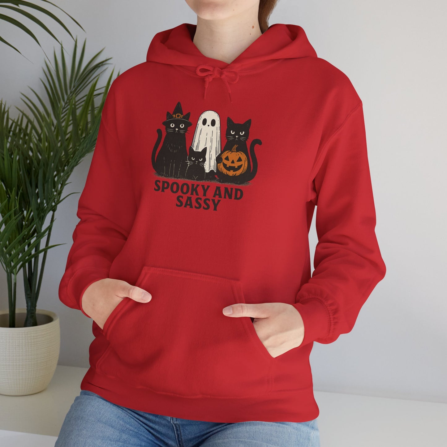 Spooky and Sassy Hoodie, Halloween Hoodie, Unisex Fall Apparel, Cozy Cat Ghost Wear, Perfect for Fall Festivities