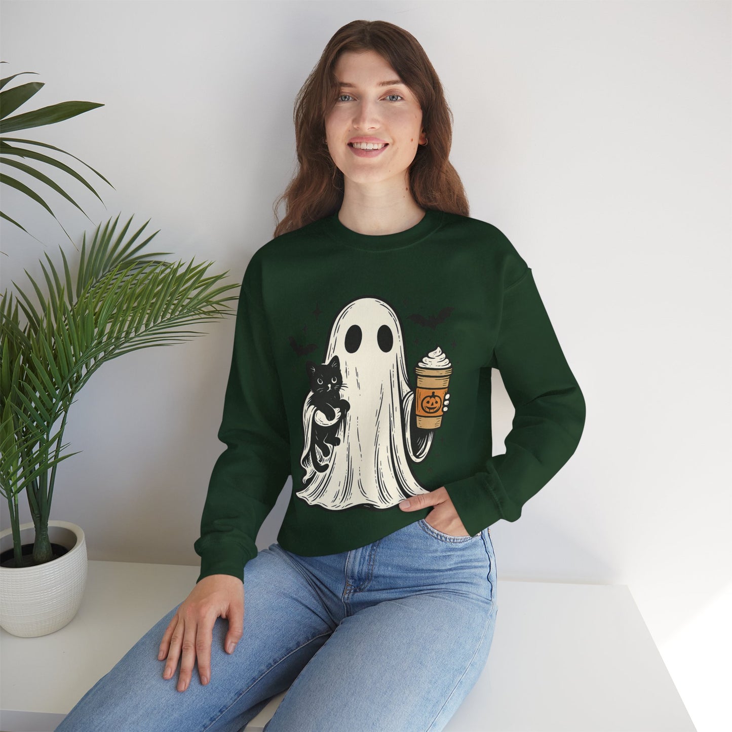 Ghostly Cuddle Sweatshirt - Cozy Unisex Crewneck, Halloween Apparel, Fall Fashion, Spooky Season, Cat Lover Gift