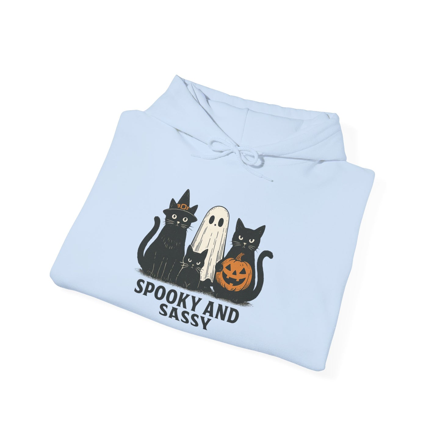 Spooky and Sassy Hoodie, Halloween Hoodie, Unisex Fall Apparel, Cozy Cat Ghost Wear, Perfect for Fall Festivities