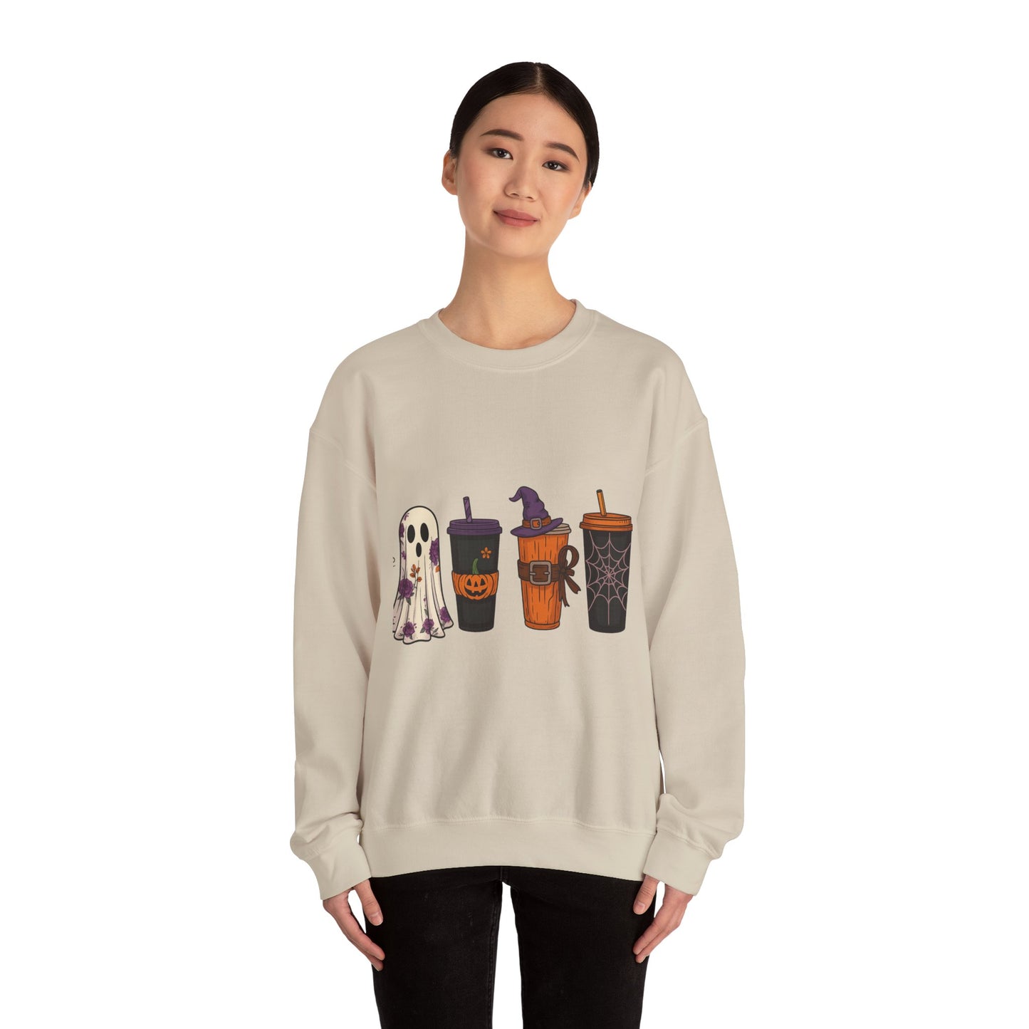 Halloween Ghost & Drink Crewneck Sweatshirt, Cozy Sweatshirt, Fall Fashion, Halloween Gift, Unisex Pullover, Spooky Season Apparel