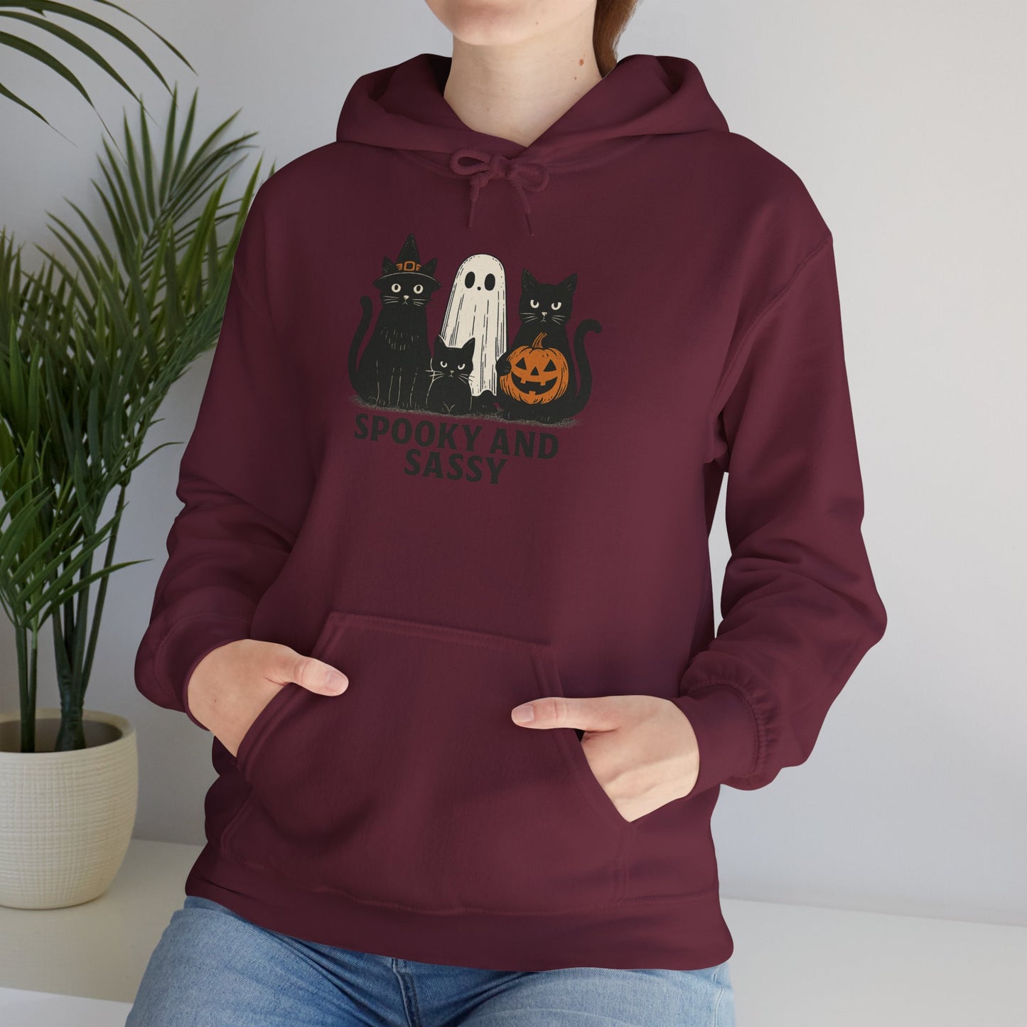 Spooky and Sassy Hoodie, Halloween Hoodie, Unisex Fall Apparel, Cozy Cat Ghost Wear, Perfect for Fall Festivities