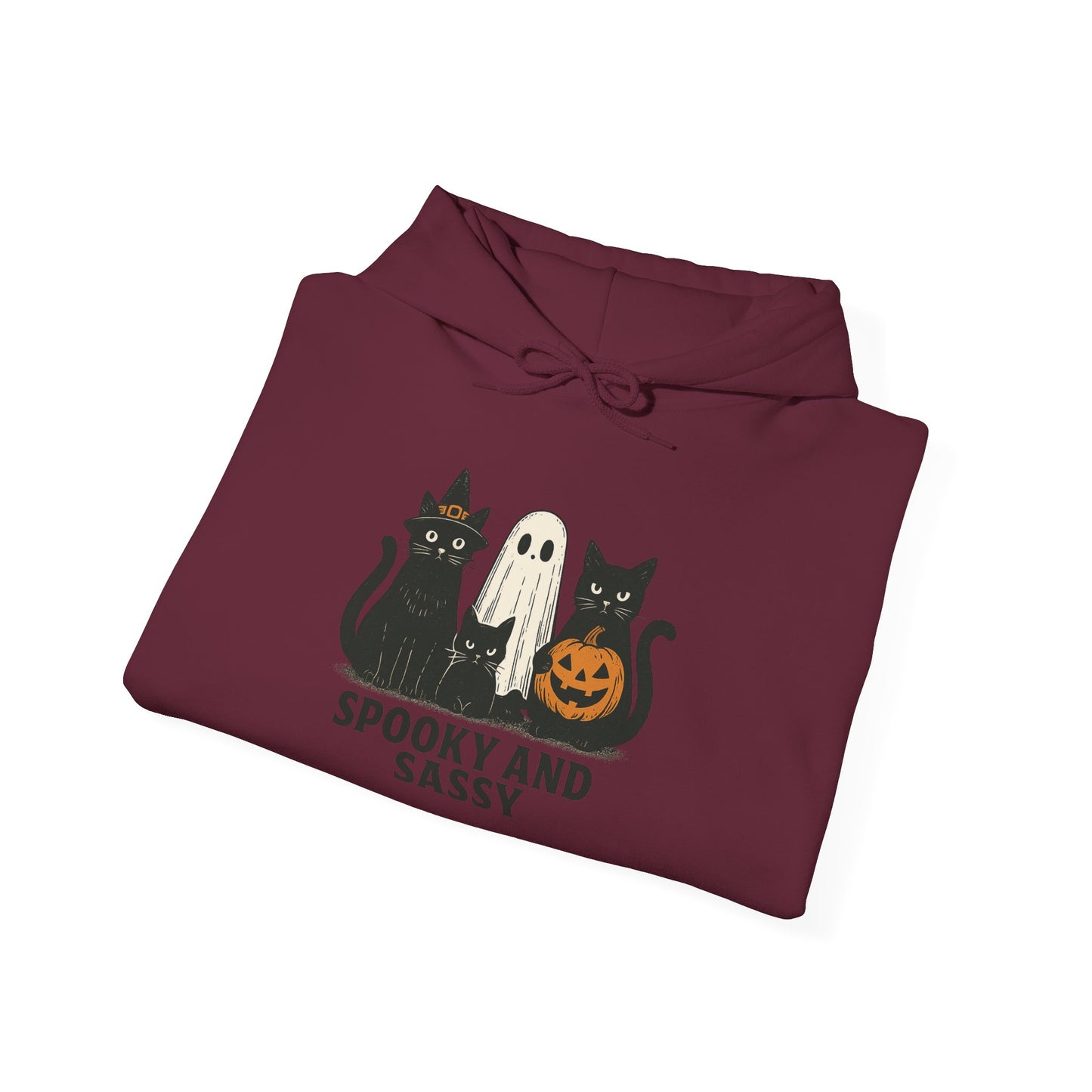 Spooky and Sassy Hoodie, Halloween Hoodie, Unisex Fall Apparel, Cozy Cat Ghost Wear, Perfect for Fall Festivities