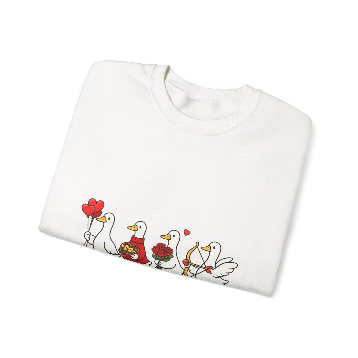 Geese Parade Crewneck Sweatshirt – Cute Valentine Ducks Holding Hearts Graphic