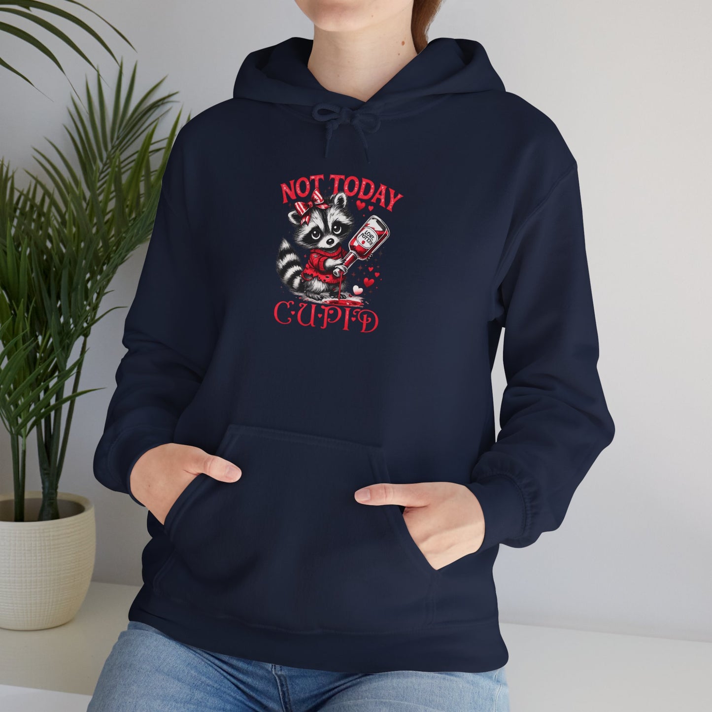 Not Today Cupido Raccoon Hoodie — Funny Valentine Anti-Love Sweatshirt