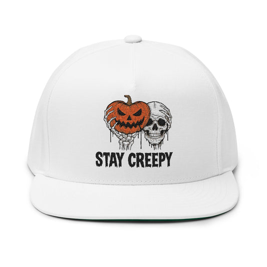 Stay Creepy Halloween Flat Bill Cap, Pumpkin Skull Hat, Embroidered Cap, Spooky Accessories, Trick or Treat Gear, Fall Fashion