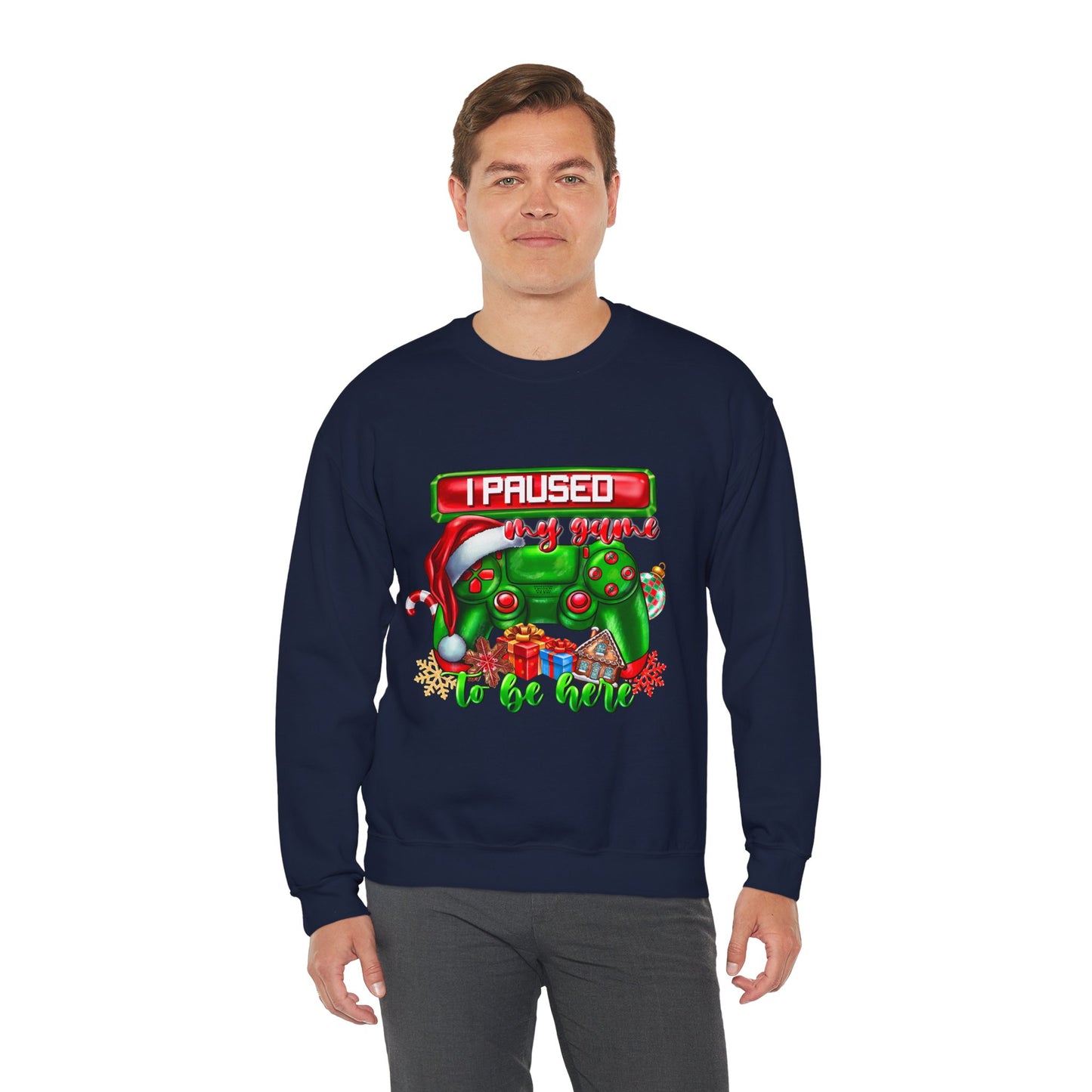 Gaming Christmas Sweatshirt — "I Paused My Game to Be Here" Controller Holiday Crewneck