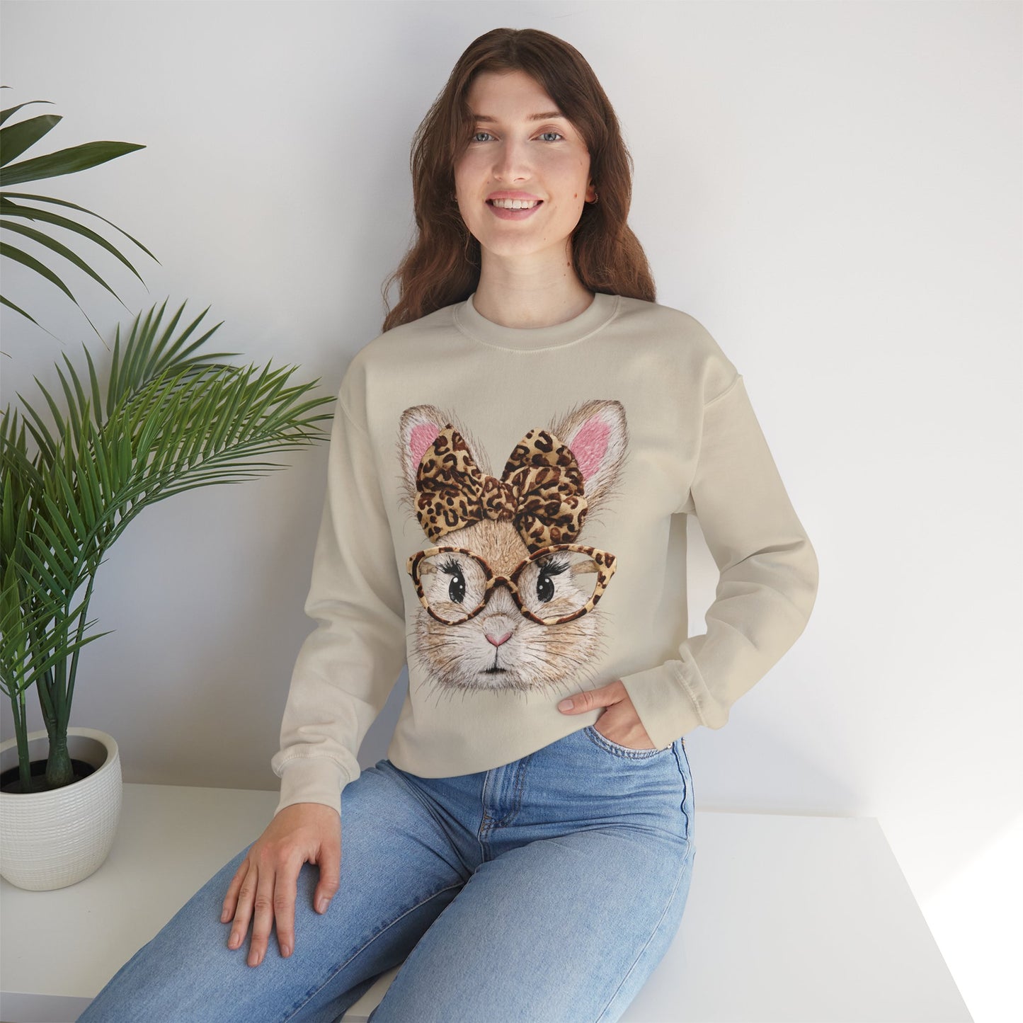 Bunny with Leopard Bow Sweatshirt – Cute Bunny Face with Glasses Graphic Crewneck