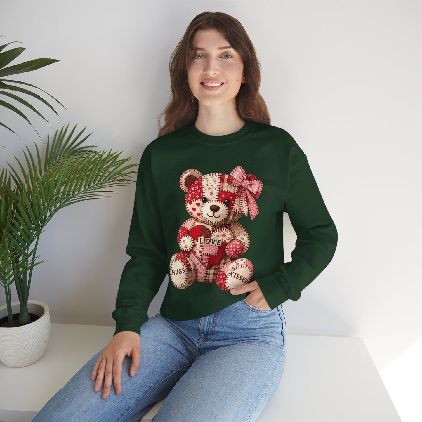 Valentine Patchwork Teddy Sweatshirt — 'Love' Hugs & Kisses Crewneck