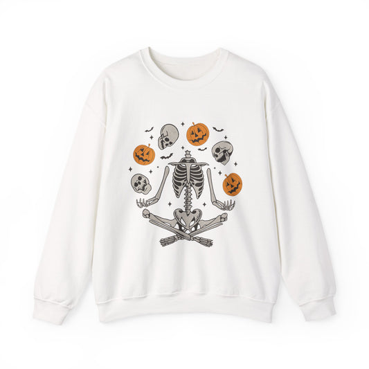 Halloween Skeleton Yoga Sweatshirt, Cute Autumn Apparel, Spooky Season Outfit, Unisex Cozy Crewneck, Gift for Halloween Lovers