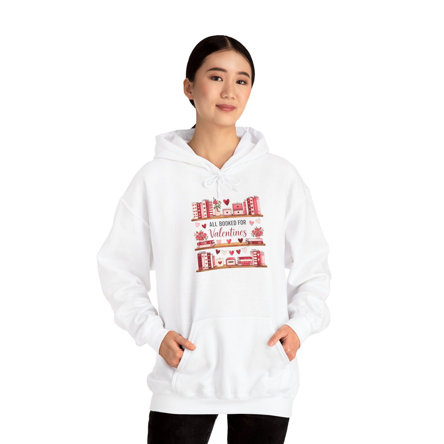 Valentine’s Day Cozy Hoodie – “All Booked for Valentine’s” Cute Bookshop Graphic