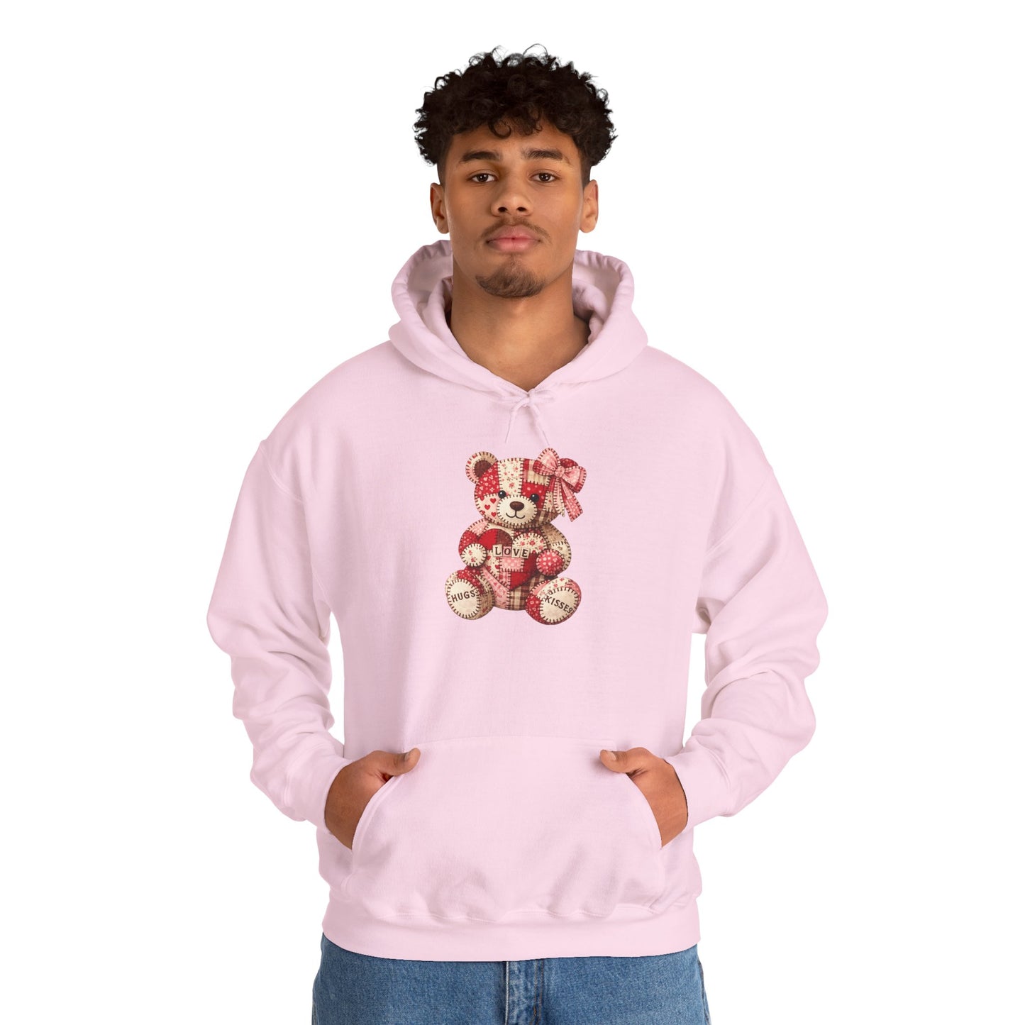 Teddy Bear Hoodie — Vintage Patchwork Bear Design with Bow