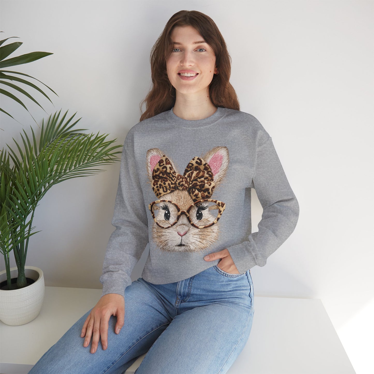 Bunny with Leopard Bow Sweatshirt – Cute Bunny Face with Glasses Graphic Crewneck