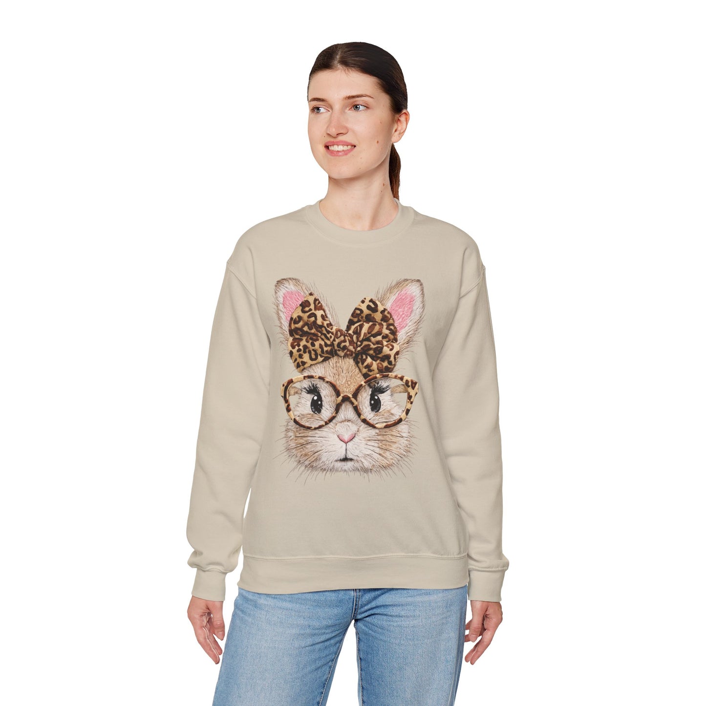 Bunny with Leopard Bow Sweatshirt – Cute Bunny Face with Glasses Graphic Crewneck