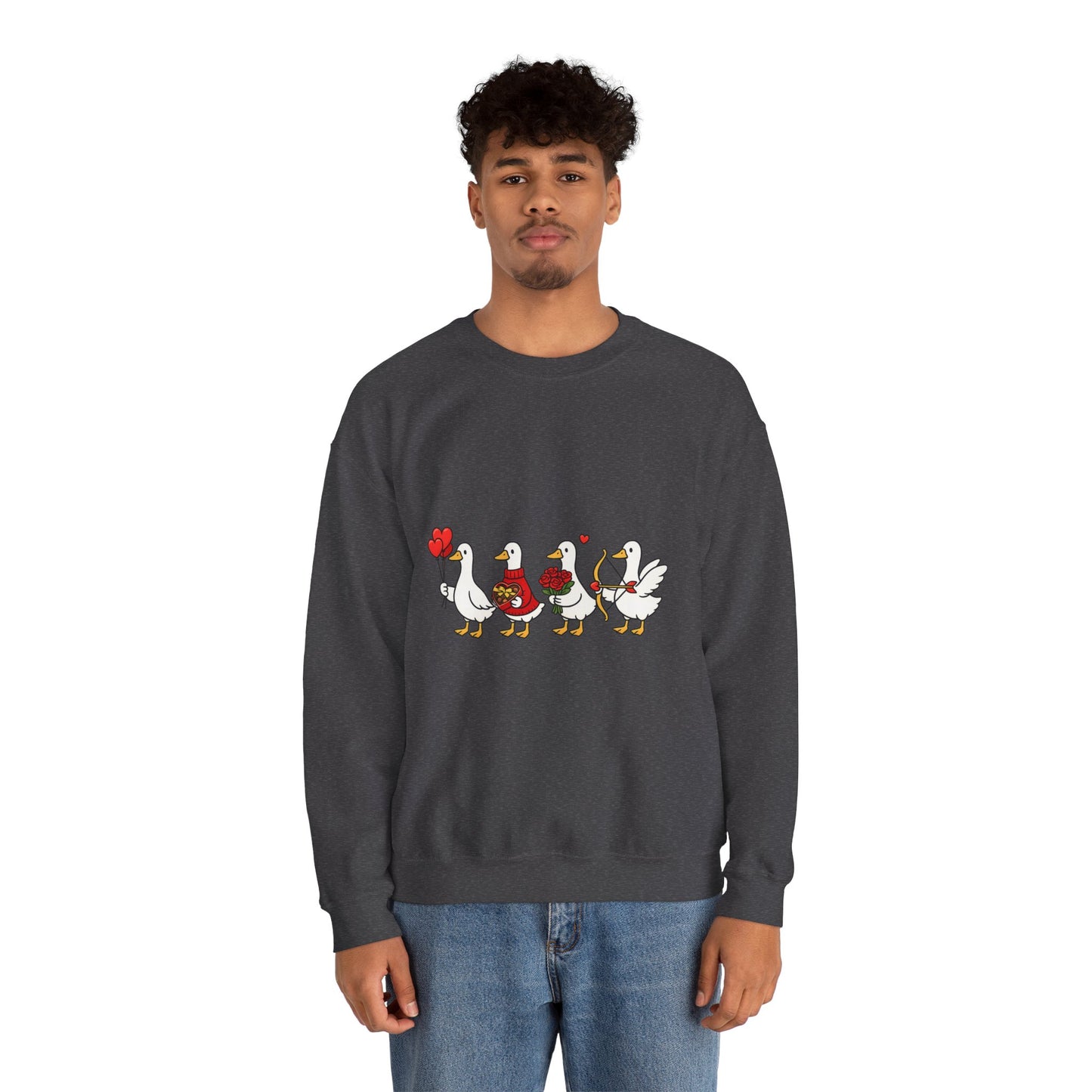 Geese Parade Crewneck Sweatshirt – Cute Valentine Ducks Holding Hearts Graphic