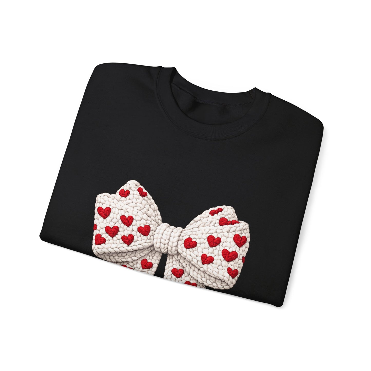 Crewneck Sweatshirt — Knit Heart Bow Graphic (Valentine’s Day, Cute Cozy Pullover)