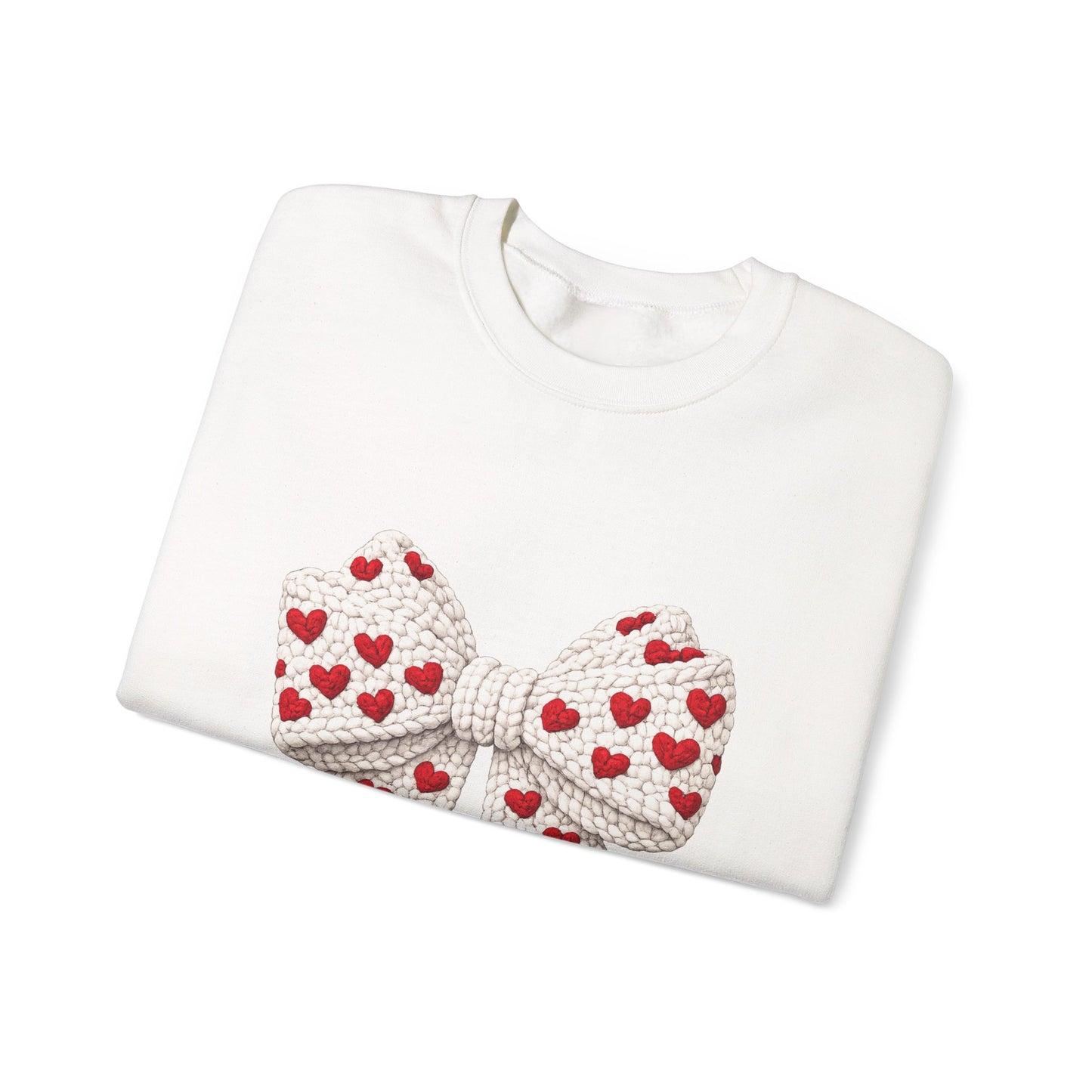 Crewneck Sweatshirt — Knit Heart Bow Graphic (Valentine’s Day, Cute Cozy Pullover)