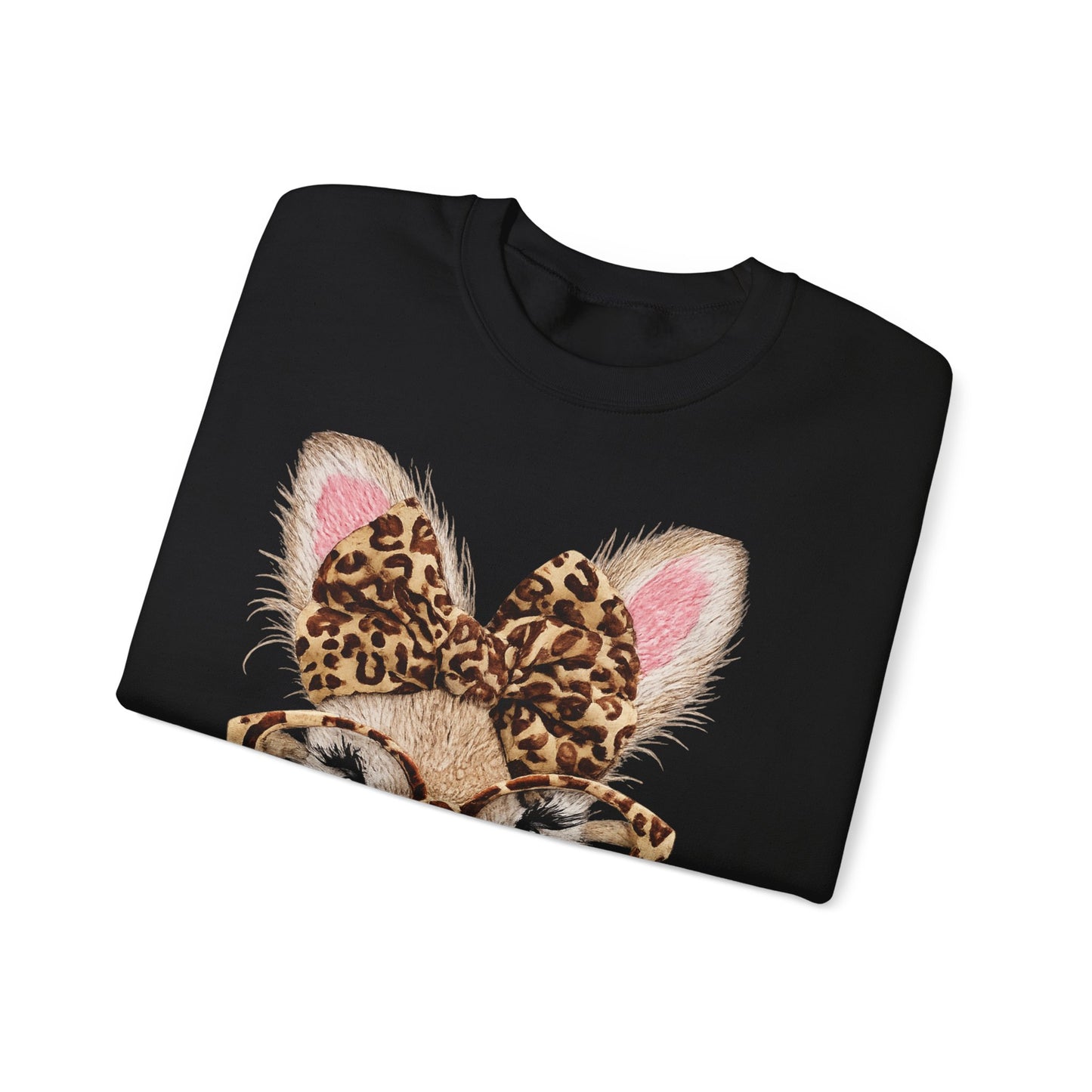 Bunny with Leopard Bow Sweatshirt – Cute Bunny Face with Glasses Graphic Crewneck