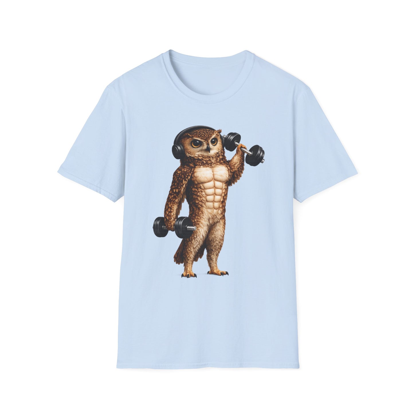 Fitness Owl T-Shirt — Muscular Owl Lifting Dumbbells Graphic Tee