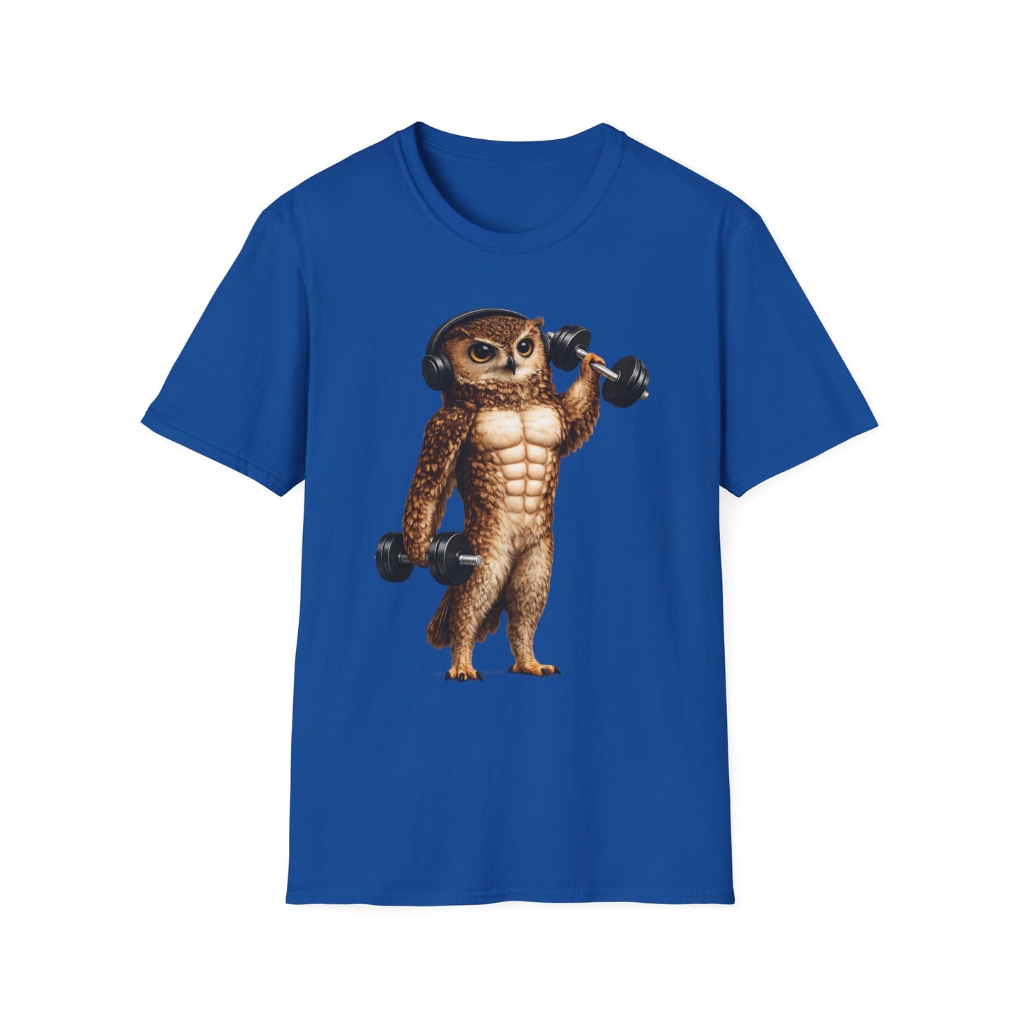 Fitness Owl T-Shirt — Muscular Owl Lifting Dumbbells Graphic Tee