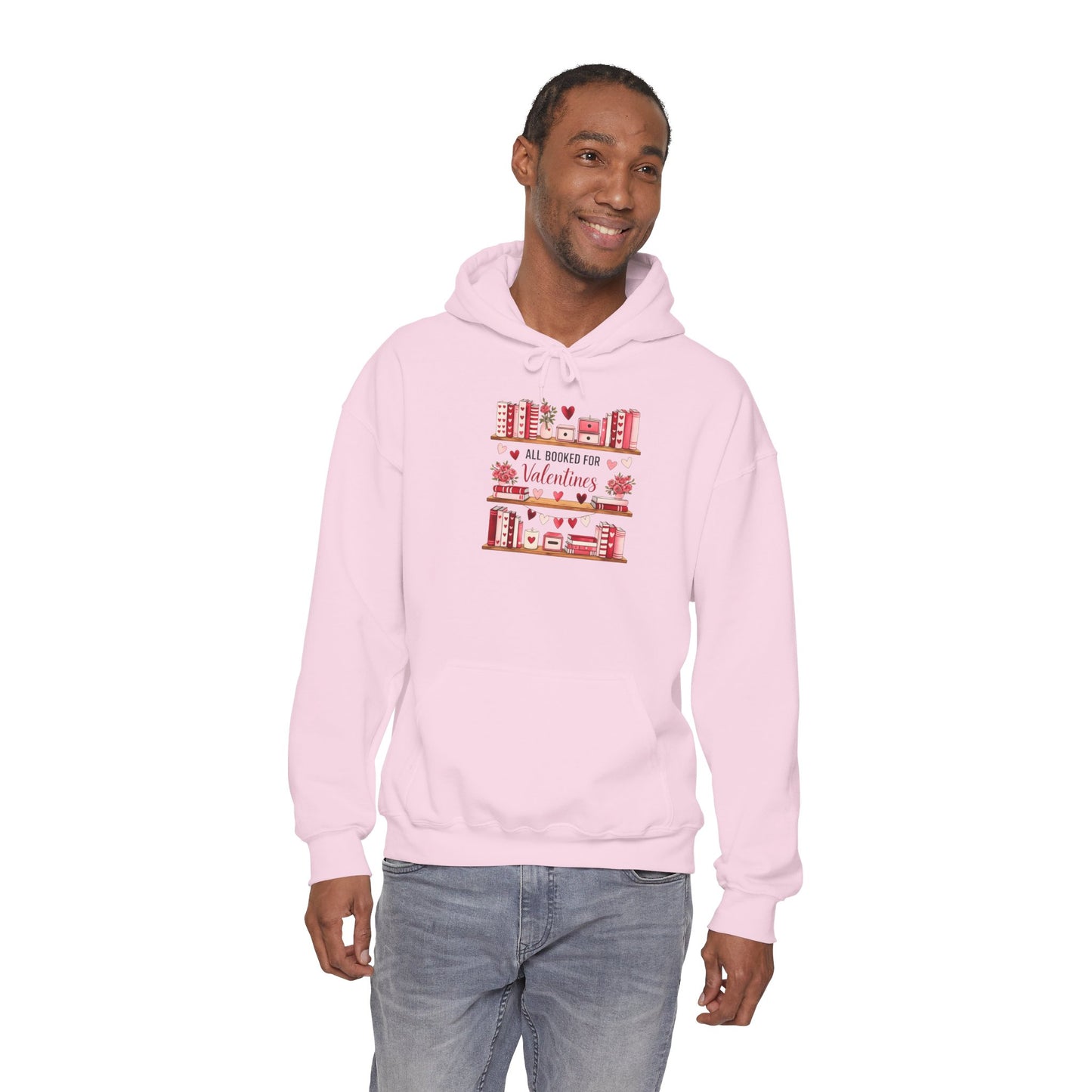 Valentine’s Day Cozy Hoodie – “All Booked for Valentine’s” Cute Bookshop Graphic