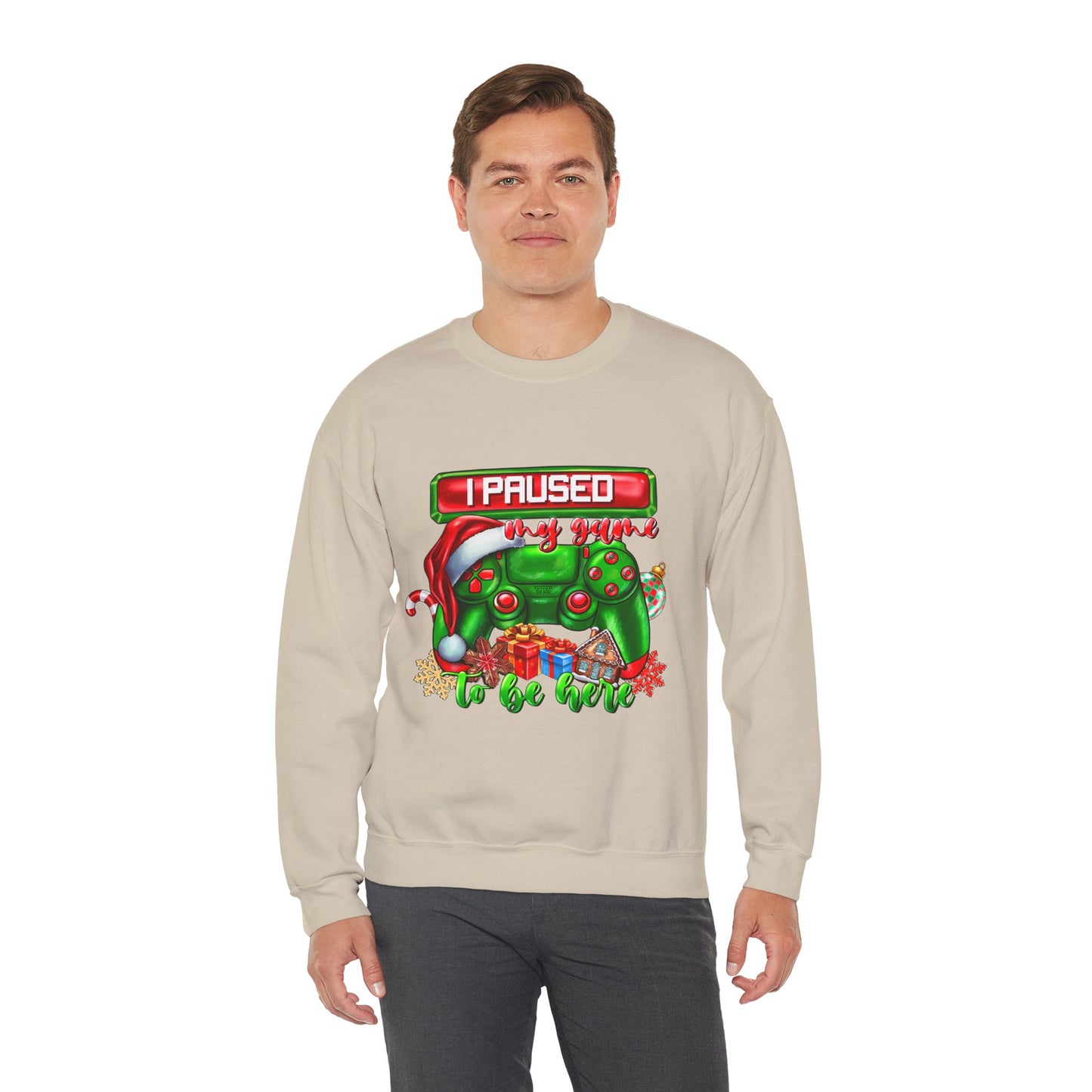 Gaming Christmas Sweatshirt — "I Paused My Game to Be Here" Controller Holiday Crewneck