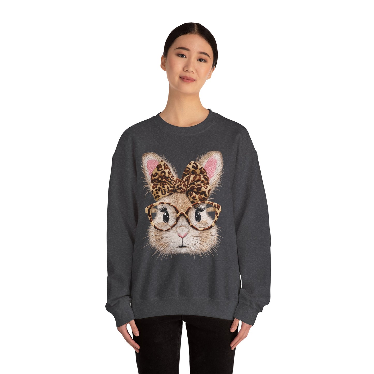 Bunny with Leopard Bow Sweatshirt – Cute Bunny Face with Glasses Graphic Crewneck