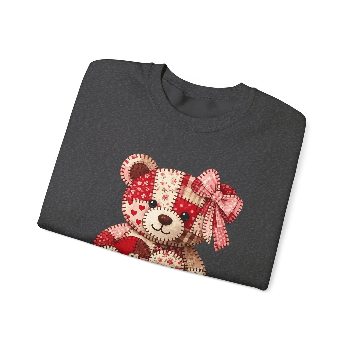 Valentine Patchwork Teddy Sweatshirt — 'Love' Hugs & Kisses Crewneck