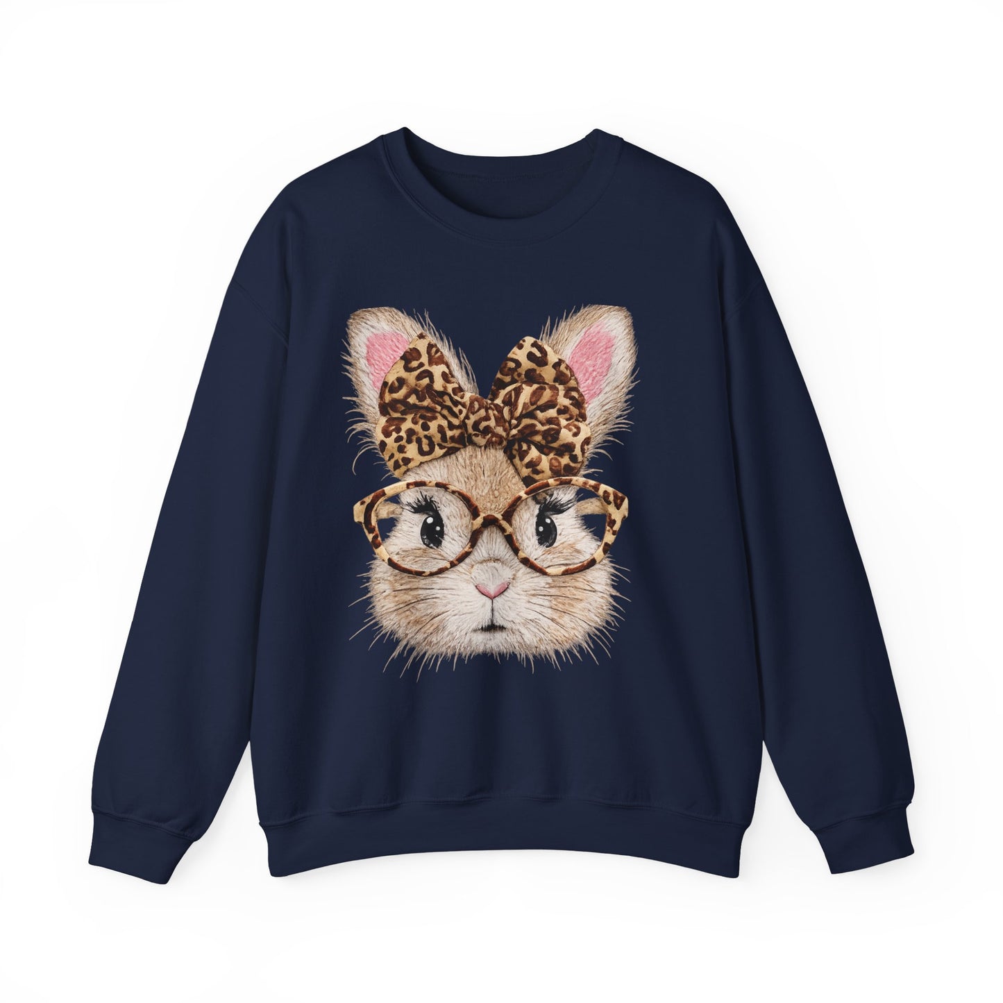 Bunny with Leopard Bow Sweatshirt – Cute Bunny Face with Glasses Graphic Crewneck