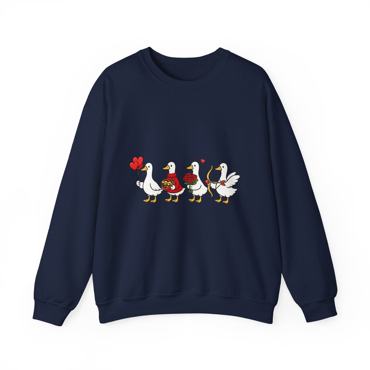 Geese Parade Crewneck Sweatshirt – Cute Valentine Ducks Holding Hearts Graphic