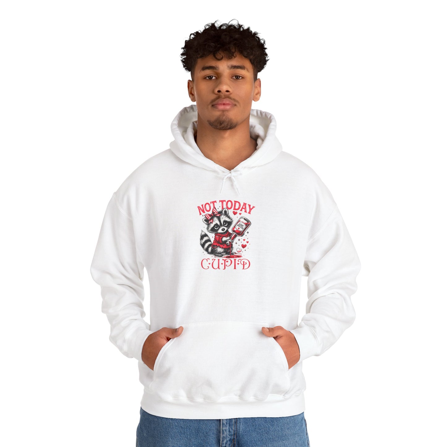 Not Today Cupido Raccoon Hoodie — Funny Valentine Anti-Love Sweatshirt