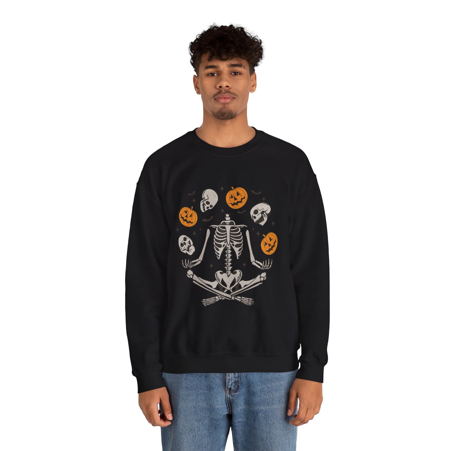 Halloween Skeleton Yoga Sweatshirt, Cute Autumn Apparel, Spooky Season Outfit, Unisex Cozy Crewneck, Gift for Halloween Lovers