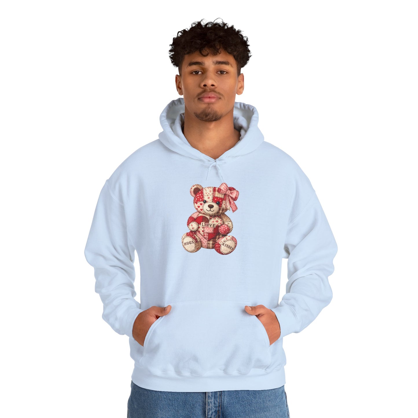 Teddy Bear Hoodie — Vintage Patchwork Bear Design with Bow