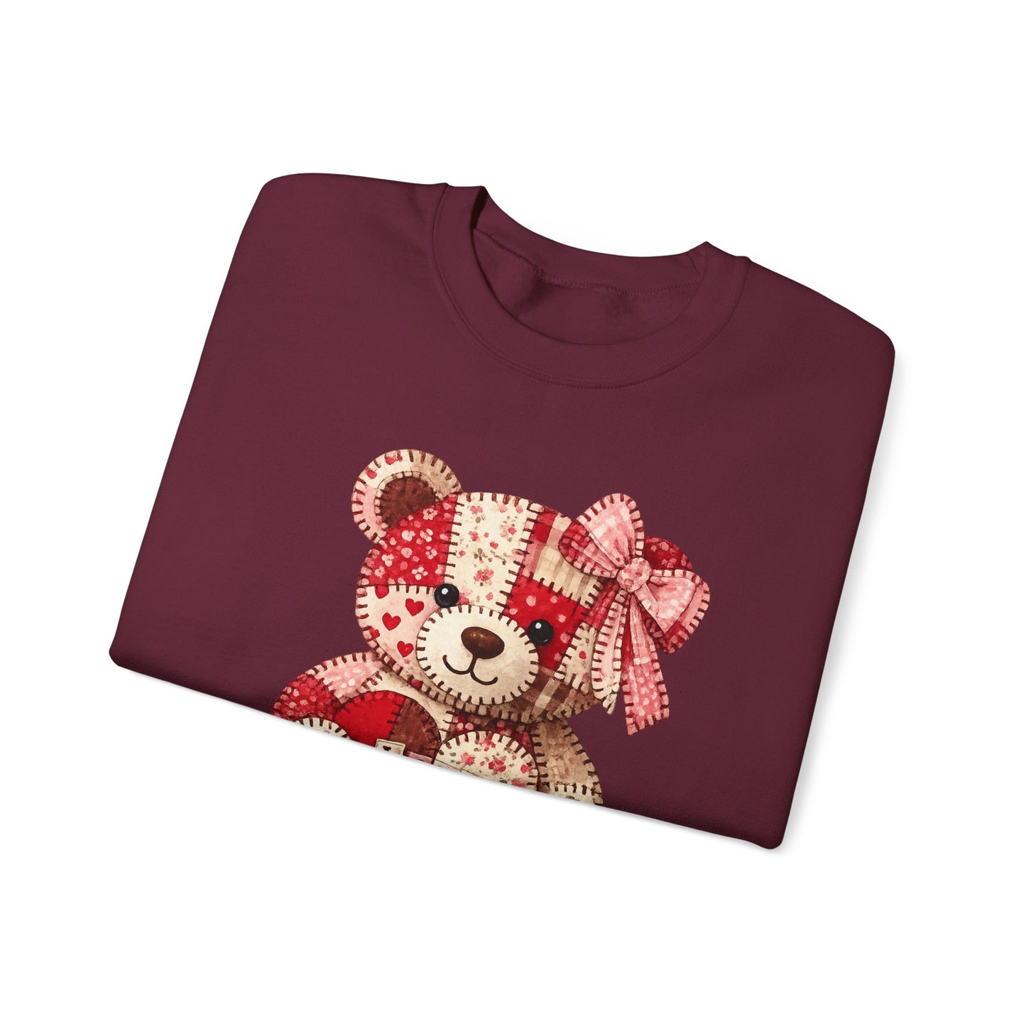 Valentine Patchwork Teddy Sweatshirt — 'Love' Hugs & Kisses Crewneck