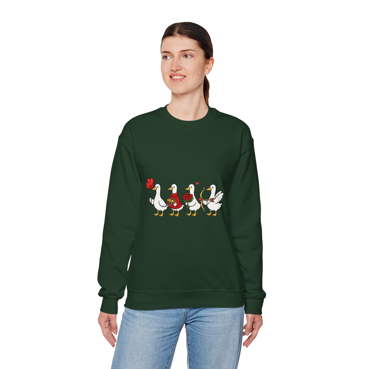 Geese Parade Crewneck Sweatshirt – Cute Valentine Ducks Holding Hearts Graphic