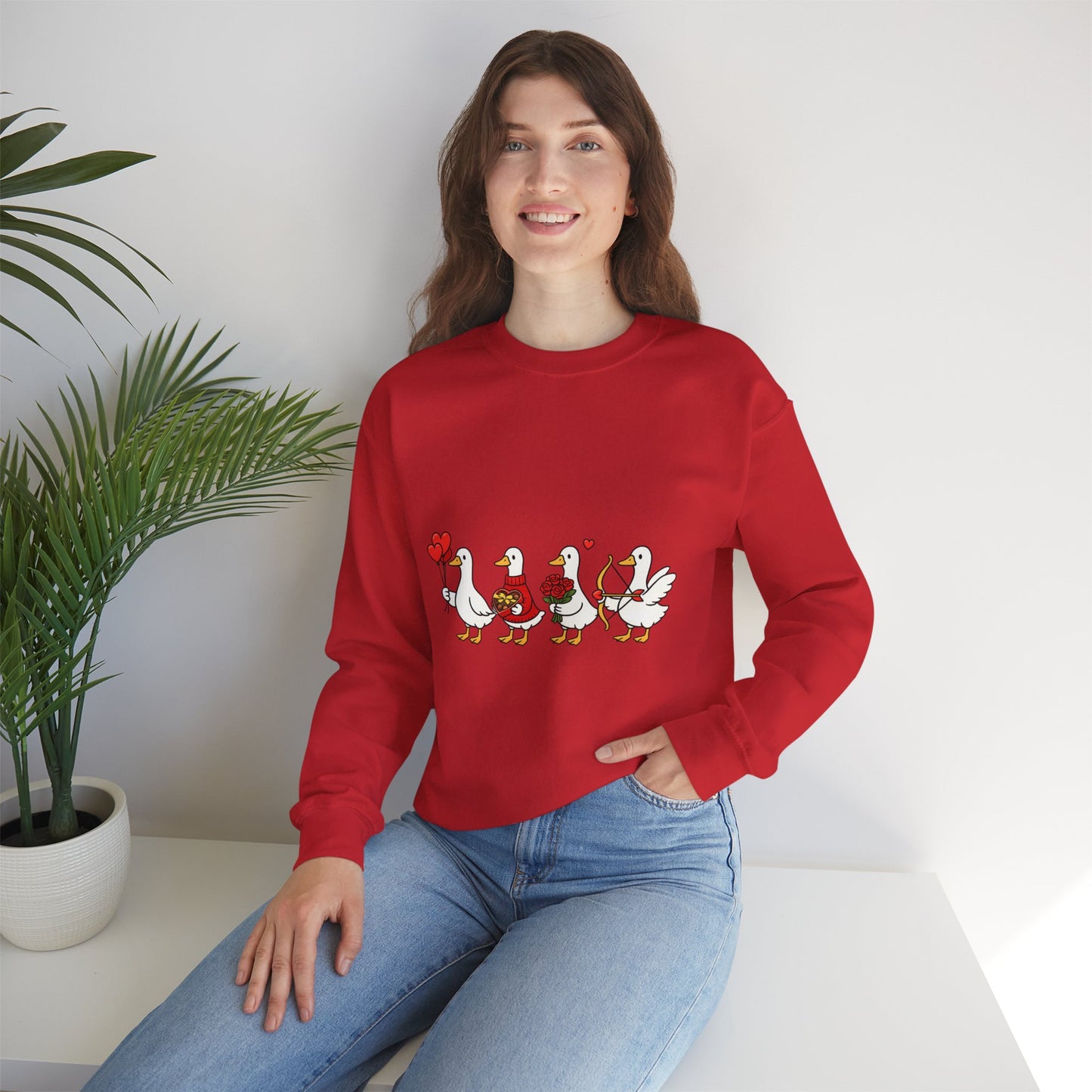 Geese Parade Crewneck Sweatshirt – Cute Valentine Ducks Holding Hearts Graphic