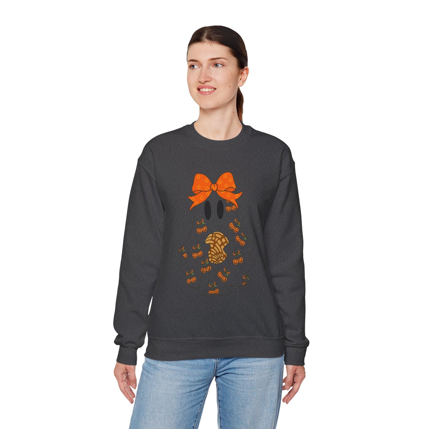 Cute Ghost with Bow Sweatshirt, Halloween Gift, Cozy Crewneck, Unisex Pullover, Fall Fashion, Seasonal Apparel