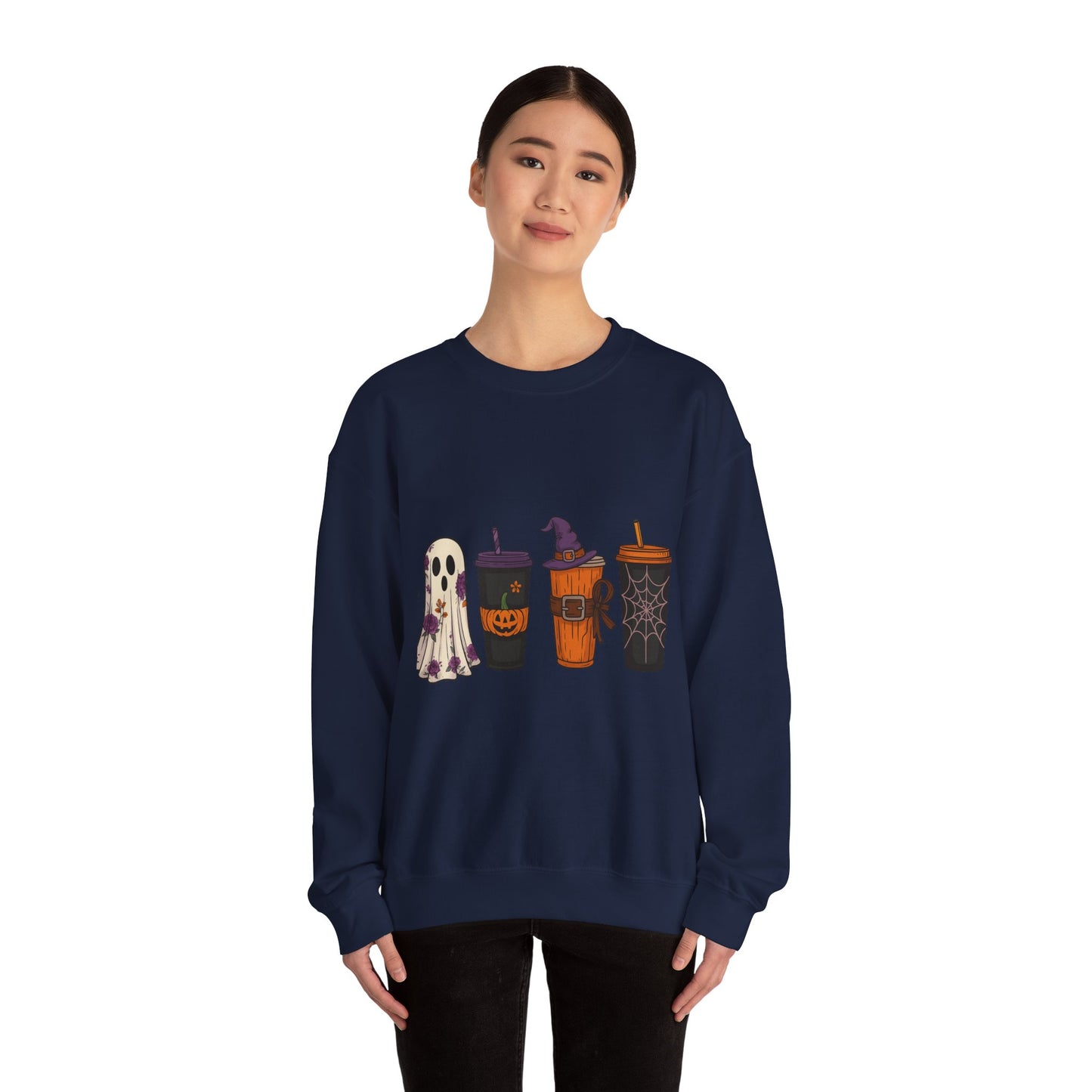 Halloween Ghost & Drink Crewneck Sweatshirt, Cozy Sweatshirt, Fall Fashion, Halloween Gift, Unisex Pullover, Spooky Season Apparel