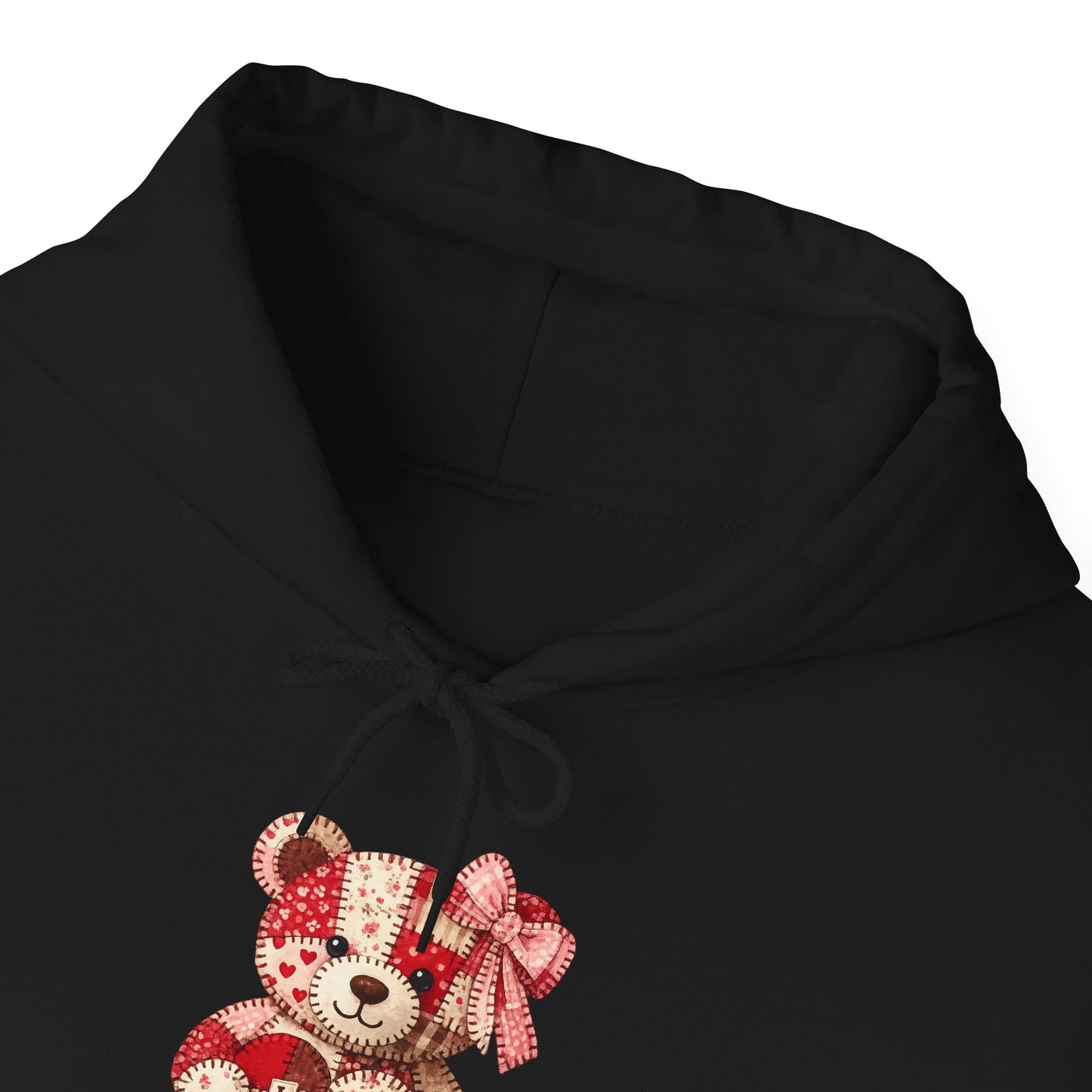 Teddy Bear Hoodie — Vintage Patchwork Bear Design with Bow