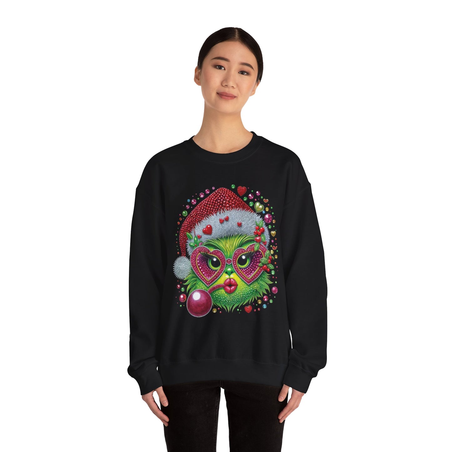 Christmas Grinch Cat Sweatshirt — Festive Santa Hat & Heart Sunglasses Holiday Crewneck