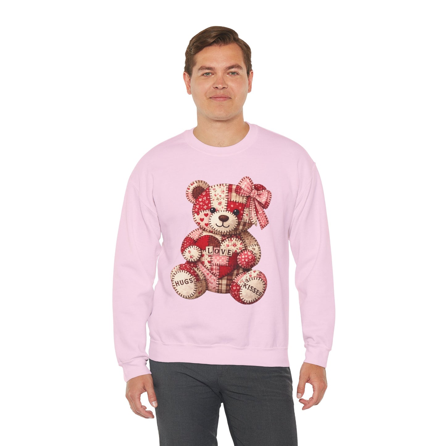 Valentine Patchwork Teddy Sweatshirt — 'Love' Hugs & Kisses Crewneck