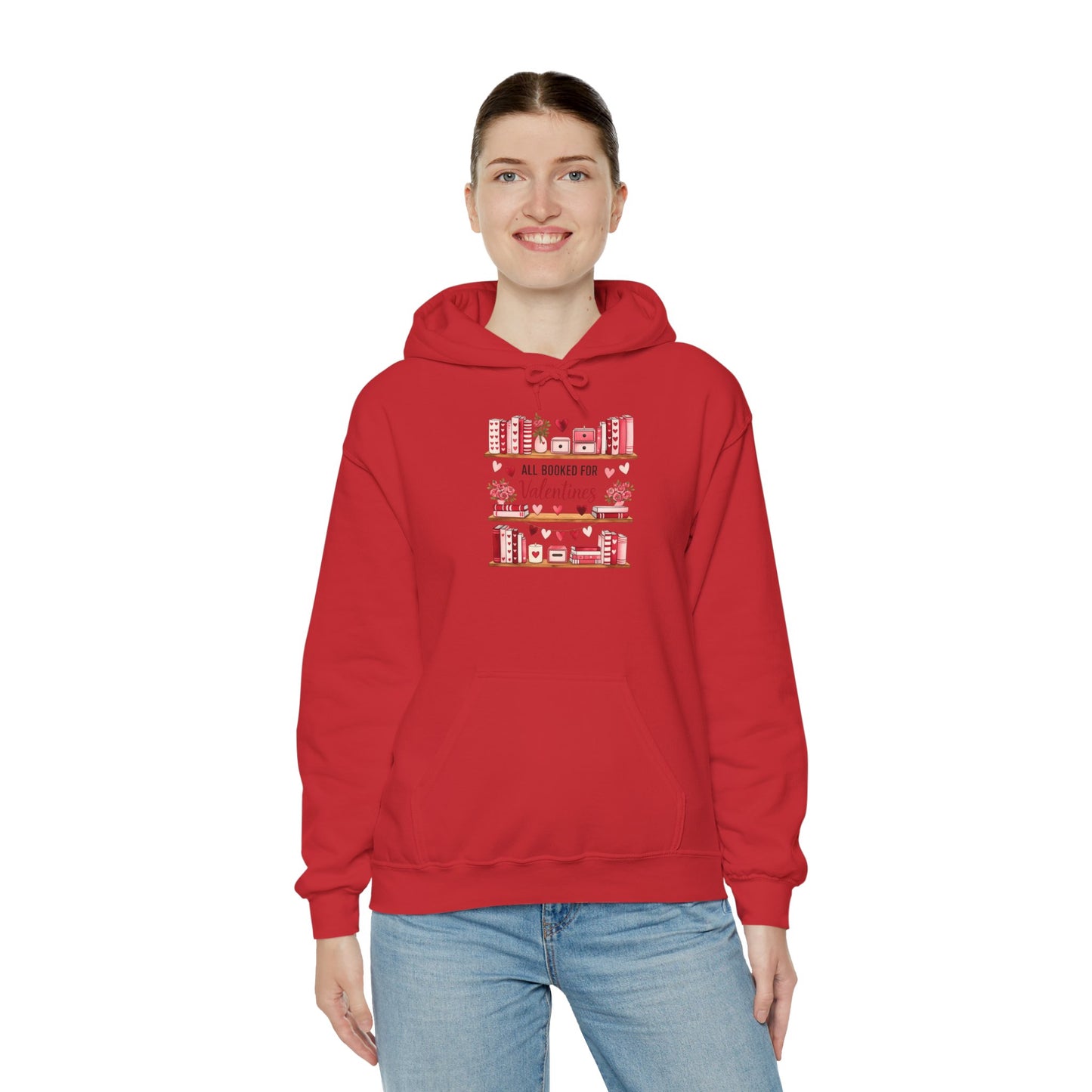 Valentine’s Day Cozy Hoodie – “All Booked for Valentine’s” Cute Bookshop Graphic