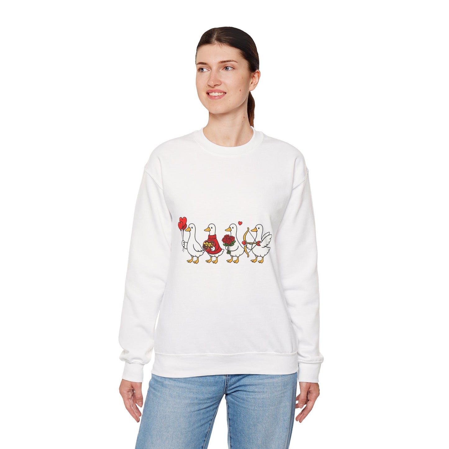 Geese Parade Crewneck Sweatshirt – Cute Valentine Ducks Holding Hearts Graphic