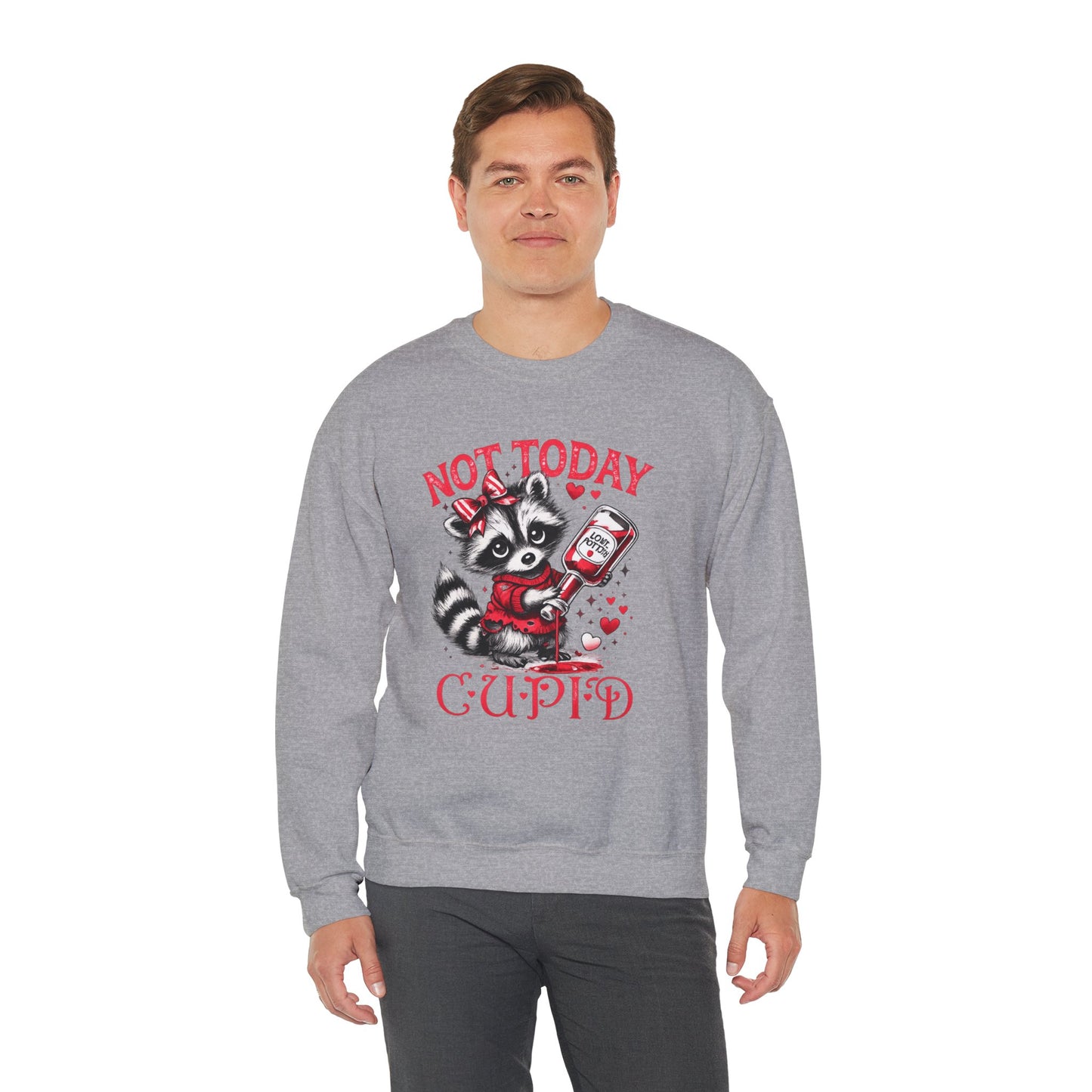 Not Today Cupid Sweatshirt — Cute Raccoon Anti-Valentine Crewneck
