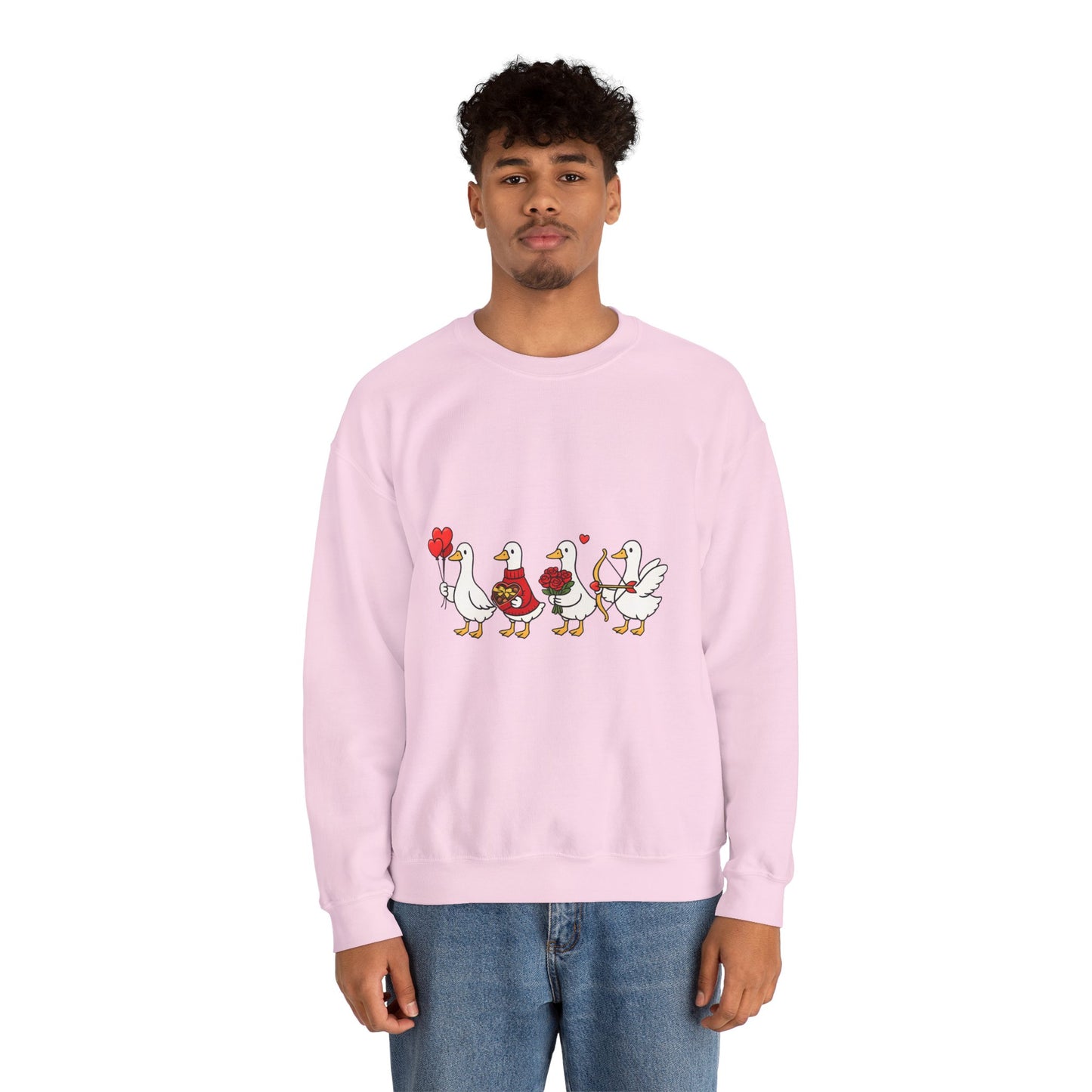 Geese Parade Crewneck Sweatshirt – Cute Valentine Ducks Holding Hearts Graphic