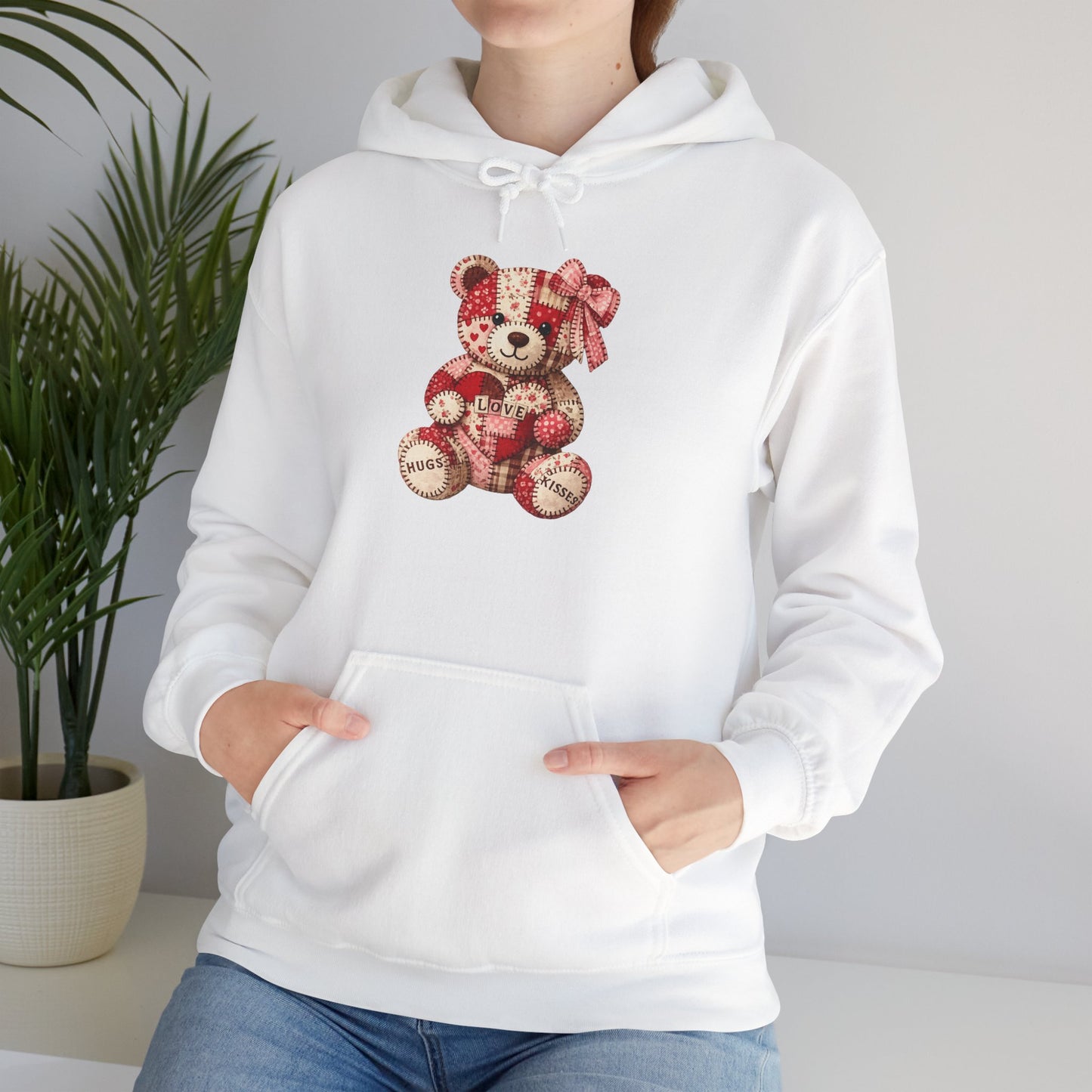 Teddy Bear Hoodie — Vintage Patchwork Bear Design with Bow