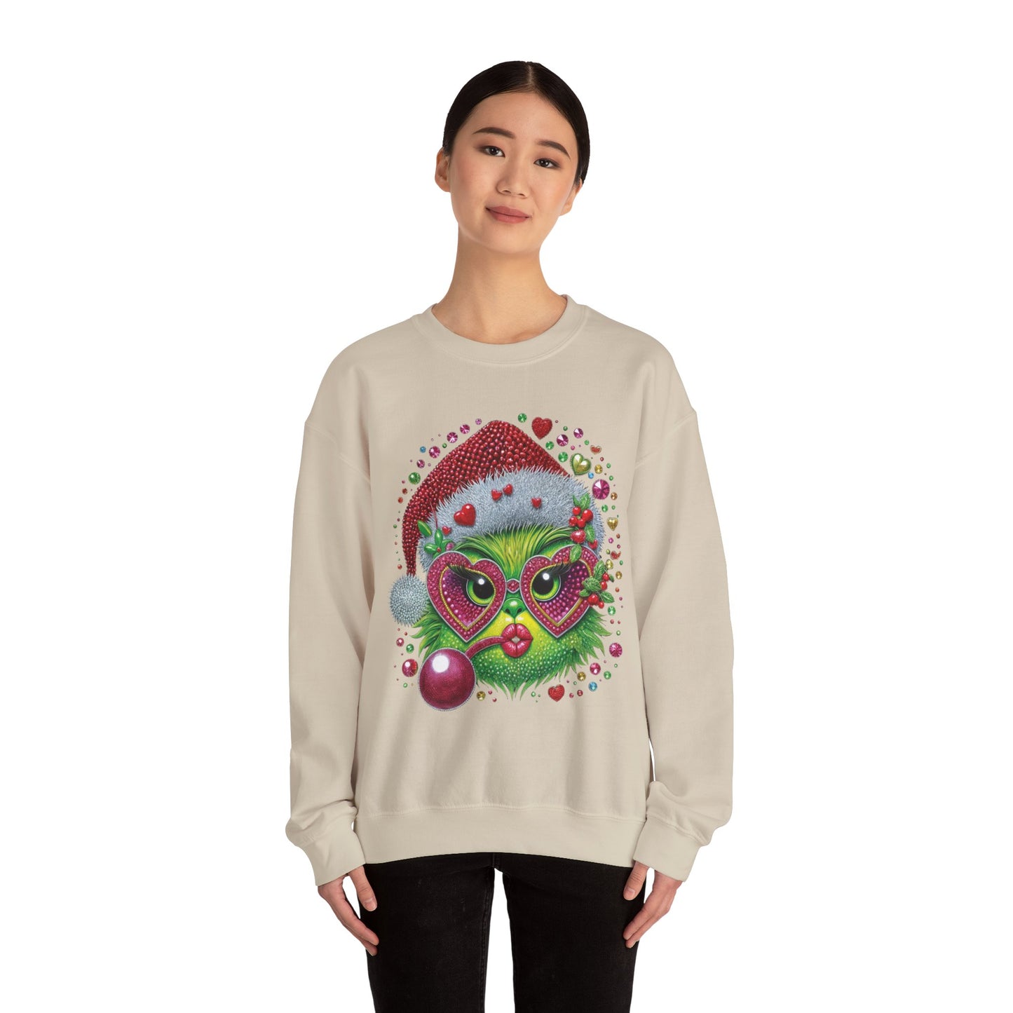 Christmas Grinch Cat Sweatshirt — Festive Santa Hat & Heart Sunglasses Holiday Crewneck