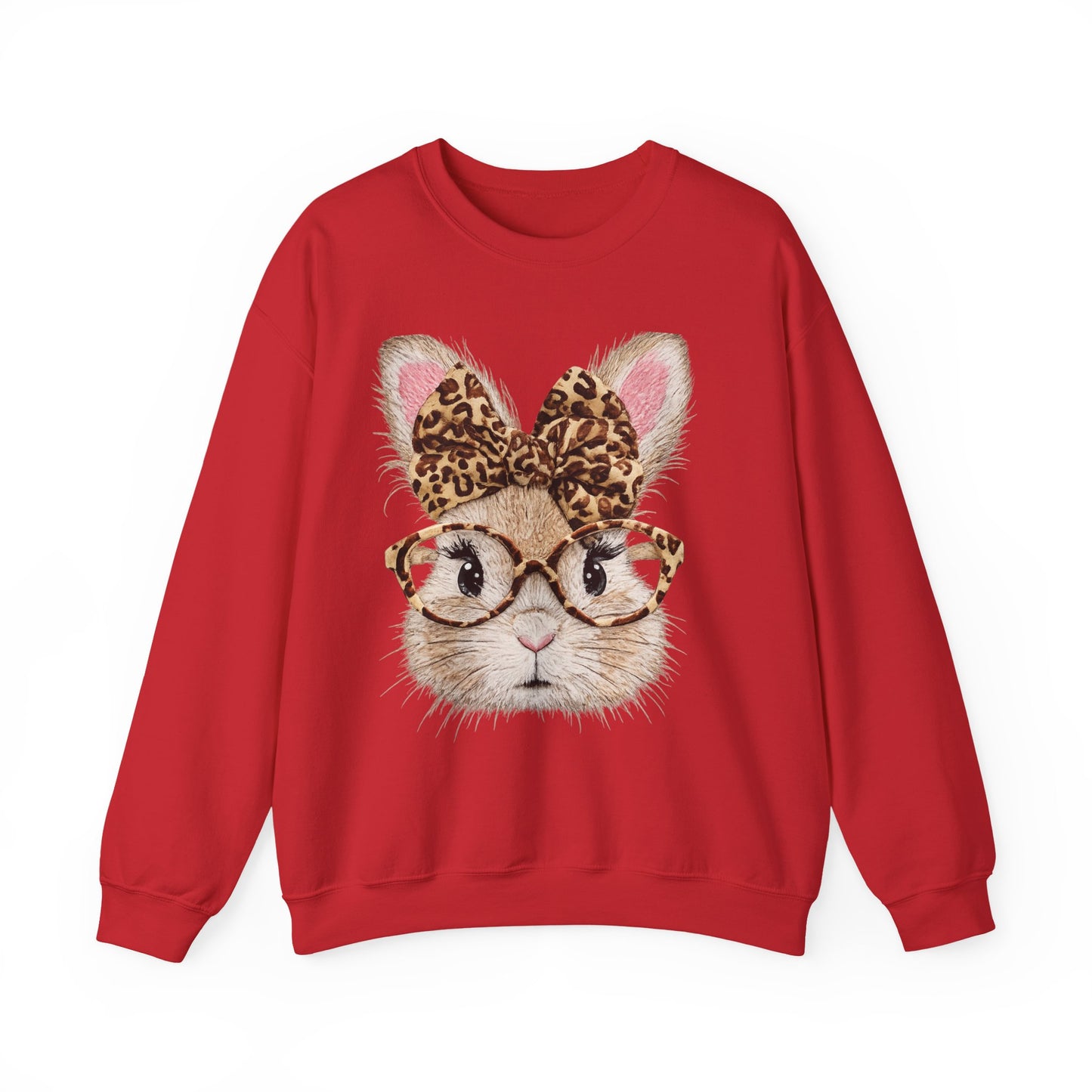Bunny with Leopard Bow Sweatshirt – Cute Bunny Face with Glasses Graphic Crewneck