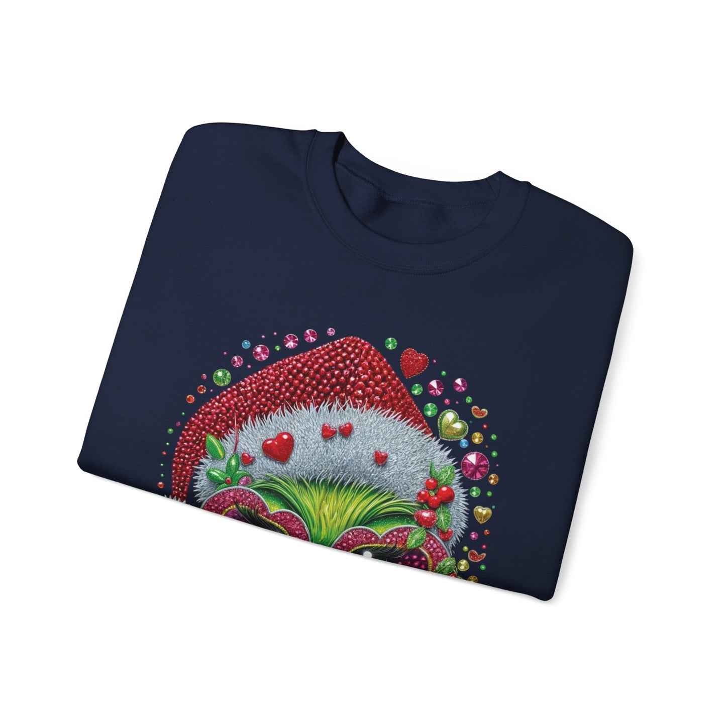 Christmas Grinch Cat Sweatshirt — Festive Santa Hat & Heart Sunglasses Holiday Crewneck