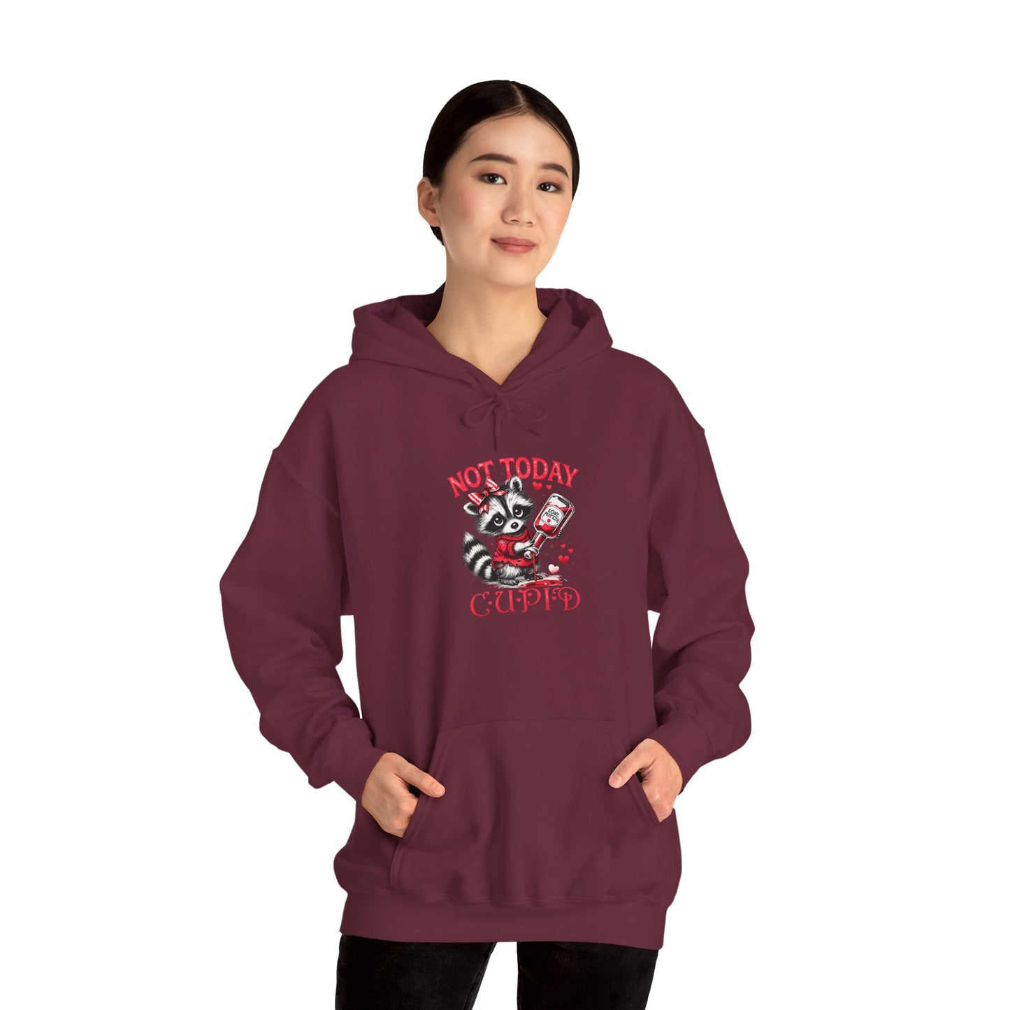 Not Today Cupido Raccoon Hoodie — Funny Valentine Anti-Love Sweatshirt