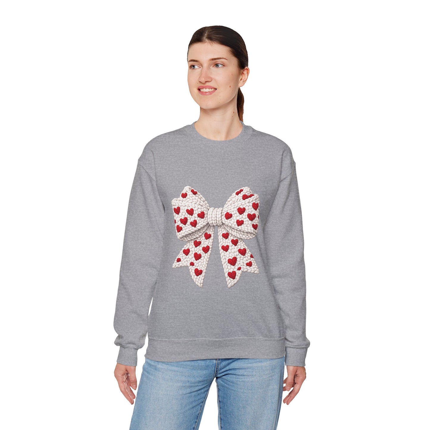 Crewneck Sweatshirt — Knit Heart Bow Graphic (Valentine’s Day, Cute Cozy Pullover)